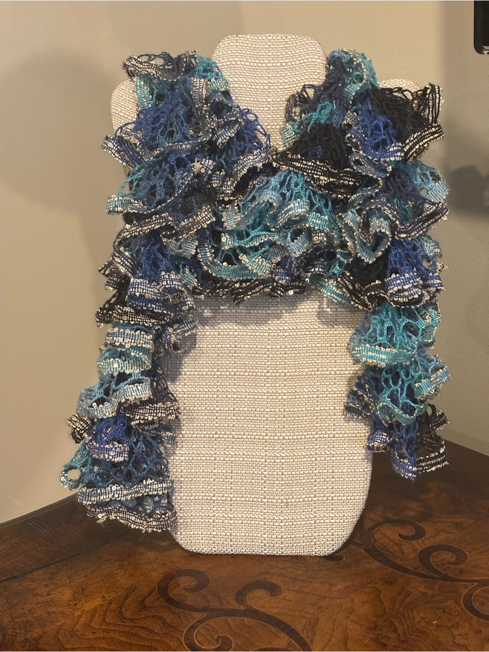 Handcrafted Ruffled Decorative Scarf in Blue and Black